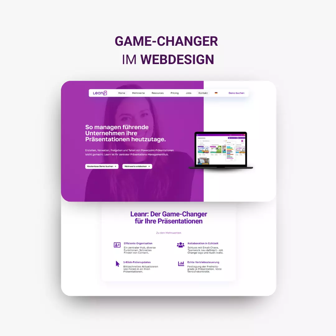 A purple and white website with the words game changer in web design.